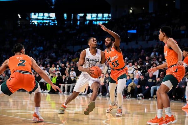 Georgia Tech forward Khalid Moore drives to the basket in the Yellow Jackets' loss to Miami Jan. 29, 2022 at McCamish Pavilion. (Anthony McClellan/Georgia Tech Athletics)