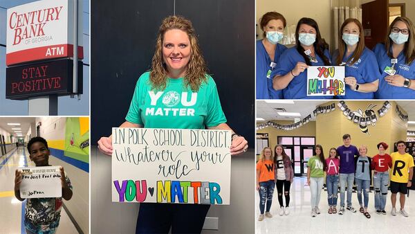 Dr. Katherine M. Thomas (center), superintendent for the Polk County School District, holds a "You Matter" sign as part of a community-wide messaging campaign. The district, which has 10 schools, now has an average of 350 students seeing therapists at any given time. (Courtesy of Polke County School District)