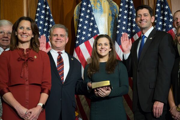 House Speaker Paul Ryan of Wis. administers the House oath of office to Rep. Drew Ferguson, R-Ga., during a mock swearing in ceremony on Capitol Hill on Jan. 3, 2017. (AP Photo/Zach Gibson)