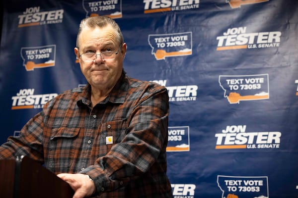 Democratic U.S. Sen. Jon Tester concedes the Montana Senate race to Republican Tim Sheehy in Great Falls, Mont. on Wednesday, Nov. 6, 2024. (Thom Bridge /Independent Record via AP)