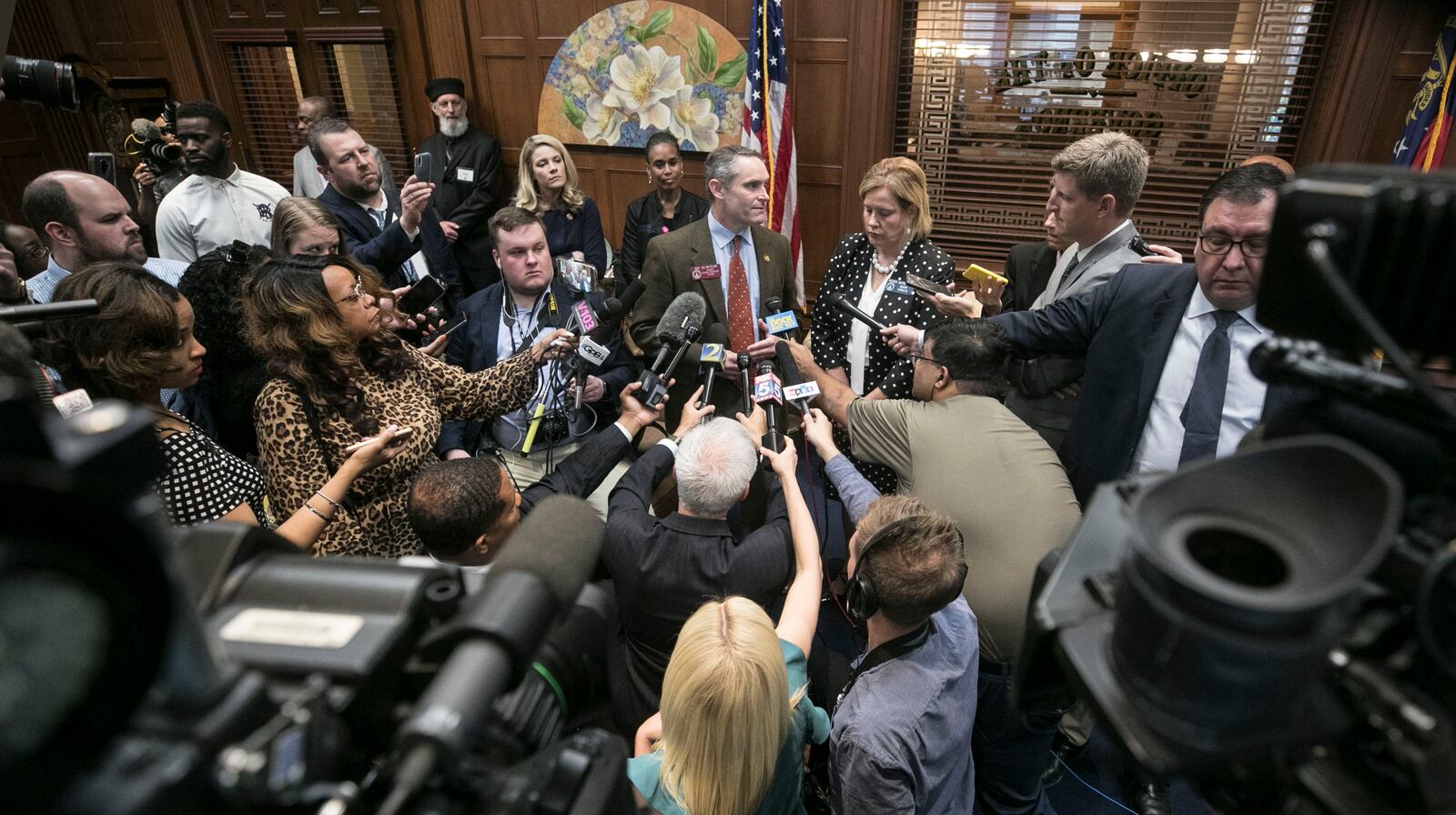 May 7, 2019 - Atlanta -  Rep. Ed Setlzer, R-Acworth, and Sen. Renee Unterman, R - Buford,  answer questions from the media after the signing.   Gov. Brian Kemp signed HB 481,  the "heartbeat bill" on Tuesday, setting the stage for a legal battle as the state attempts to outlaw most abortions after about six weeks of pregnancy.  The bill, sponsored by Rep. Ed Setlzer, R-Acworth, and carried in the Senate by Sen. Renee Unterman, R - Buford, outlaws most abortions once a doctor can detect a fetus' heartbeat - usually around six weeks of pregnancy.   Bob Andres / bandres@ajc.com