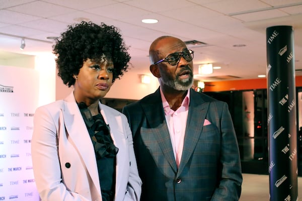 Actress Viola Davis and her husband, Julius Tennon, speak to reporters ahead of the launch of a virtual reality exhibit depicting Martin Luther King Jr.'s “I Have a Dream” speech.