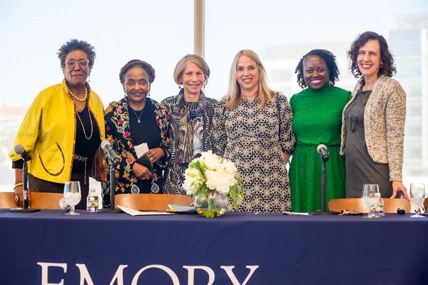 Curators for the exhibition “At the Crossroads with Benny Andrews, Flannery O’Connor, and Alice Walker,” from left: Tina Dunkley (Andrews), Nagueyalti Warren (Walker), Rosemary M. Magee and Amy Alznauer (O’Connor), and Gabrielle M. Dudley (Walker), with Rose Library director Jennifer Gunter King.