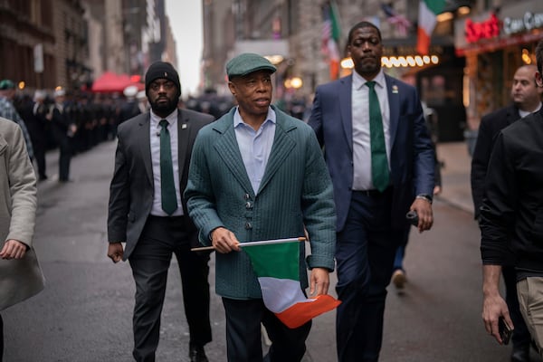 New York City Mayor Eric Adams arrives for the 264th New York City Saint Patrick's Day Parade, Monday, March 17, 2025 in New York. (AP Photo/Adam Gray)