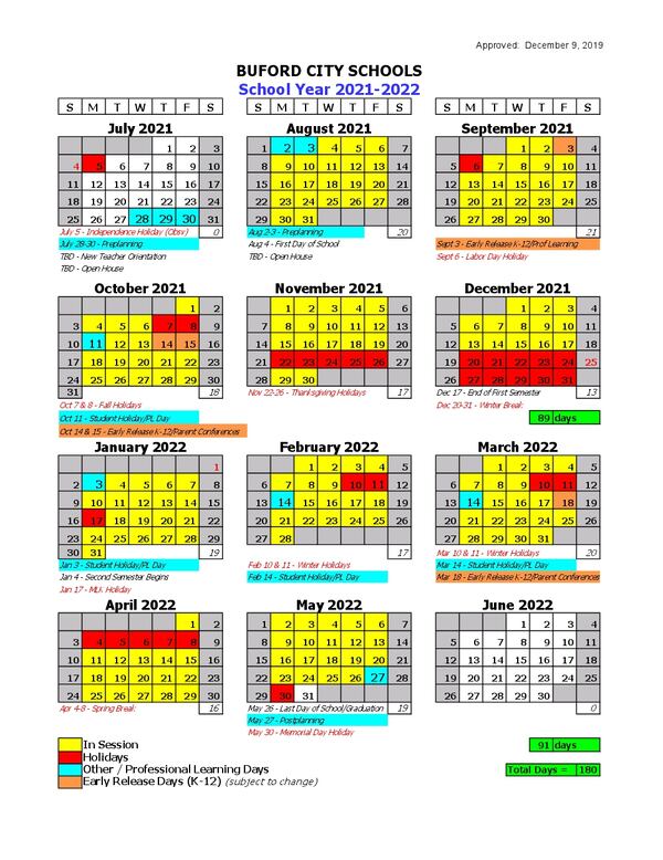 Buford City Schools 2021-2022 school calendar