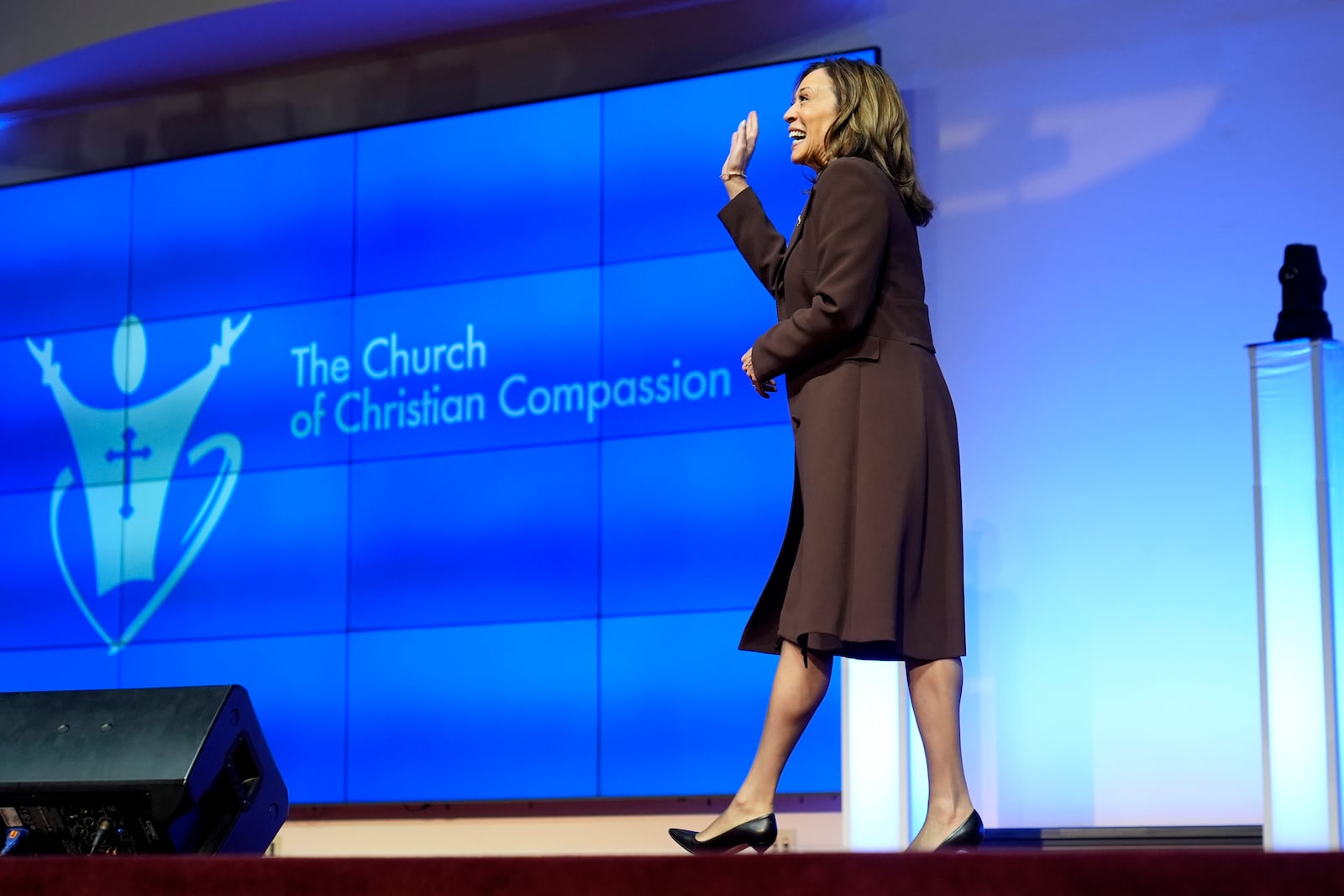 Democratic presidential nominee Vice President Kamala Harris arrives to speak during a service at the Church of Christian Compassion, Sunday, Oct. 27, 2024, in Philadelphia. (AP Photo/Susan Walsh)