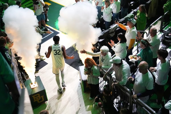 Baylor guard Jalen Celestine (32) takes the court prior to an NCAA college basketball game against the Houston Saturday, March 8, 2025, in Waco, Texas. (AP Photo/Julio Cortez)