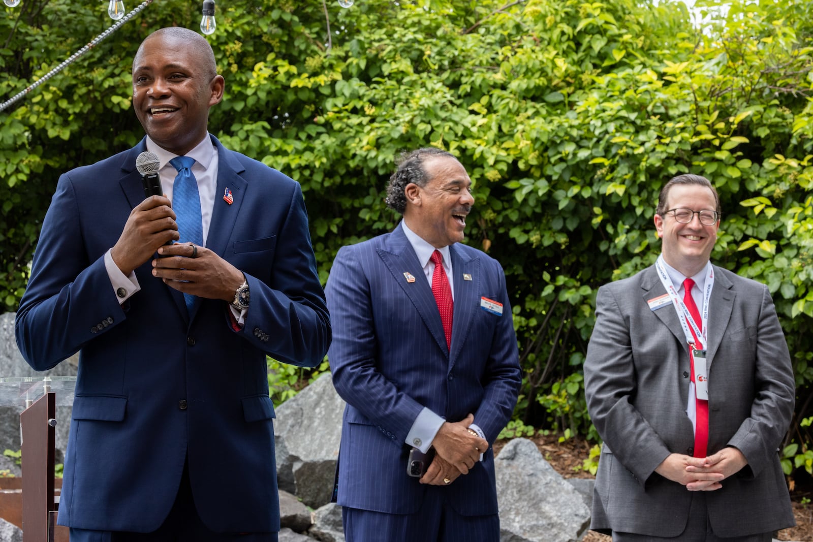 (L-R) Presidential elector Rufus Montgomery, Senior Trump adviser Bruce LeVell, and Georgia GOP chairman Josh McKoon appear on stage at a Black delegate luncheon hosted by the Black Republican Mayor’s Association and the Georgia Republican Party in Milwaukee on Tuesday, July 16, 2024, the second day of the Republican National Convention. (Arvin Temkar / AJC)