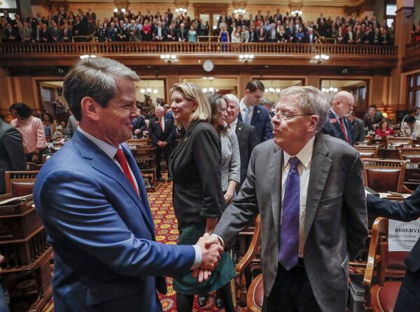 January 16, 2020 - Atlanta - Gov. Brian Kemp greets former U.S. Senator Johnny Isakson as he arrived to deliver his second State of the State address as the Georgia 2020 General Assembly continued for it's fourth legislative day. The governor and the house honored former U.S. Senator Johnny Isakson during the session.  Bob Andres / bandres@ajc.com