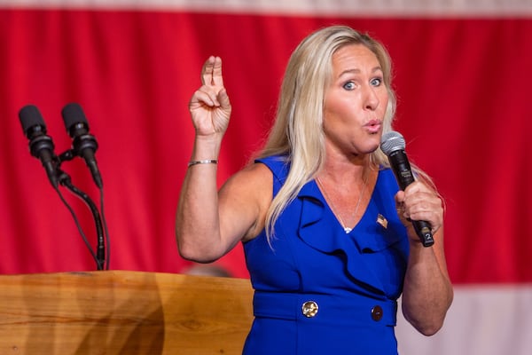 U.S. Rep. Marjorie Taylor Greene speaks at the Georgia GOP convention in Columbus on Friday, June 9, 2023. (Arvin Temkar / arvin.temkar@ajc.com)