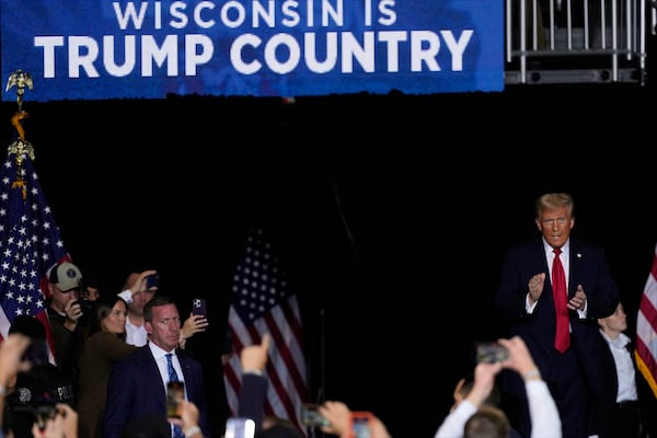 Republican presidential nominee former President Donald Trump arrives at a campaign event Friday, Nov. 1, 2024, in Milwaukee. (AP Photo/Morry Gash)