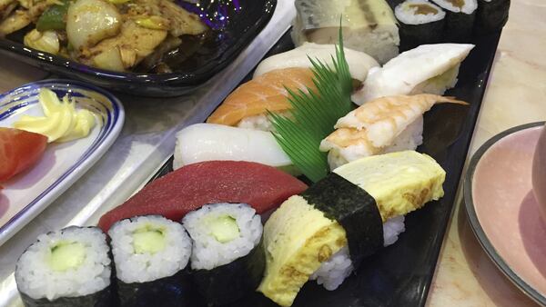 In this Feb. 19, 2017, photo provided by Paektu Cultural Exchange, a sushi set is displayed on a table at the restaurant of Japanese sushi chef Kenji Fujimoto in Pyongyang, North Korea. Fujimoto, a Japanese chef famous for working for North Korea's late leader Kim Jong Il, has returned to Pyongyang and opened his sushi restaurant. (Paektu Cultural Exchange via AP)