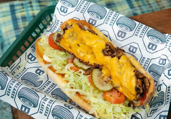 The deliciously messy mushroom chopped cheese sandwich at Breaker Breaker tastes like a vegetarian Philly cheesesteak. Courtesy of Justin Dombrowski and Naomi Smith