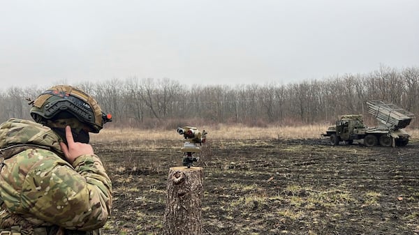 In this photo distributed by Russian Defense Ministry Press Service on Thursday, March 20, 2025, a Russian "Grad" self-propelled multiple rocket launcher prepares to fire towards Ukrainian positions in Ukraine. (Russian Defense Ministry Press Service via AP)