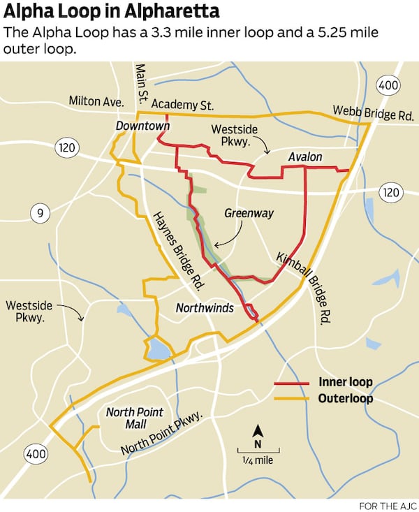 Above is a map of the inner and outer loops of Alpha Loop, a multi-use path connecting Downtown Alpharetta, Avalon and Northwinds, a 150-acre office park.