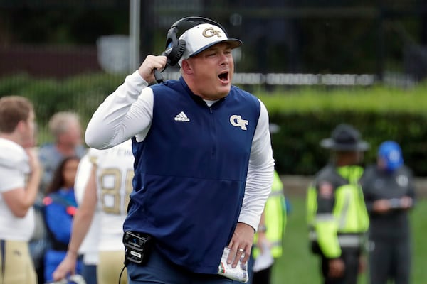 Georgia Tech head coach Geoff Collins directs the team against Duke during the first half of an NCAA college football game in Durham, N.C., Saturday, Oct. 9, 2021. (AP Photo/Chris Seward)