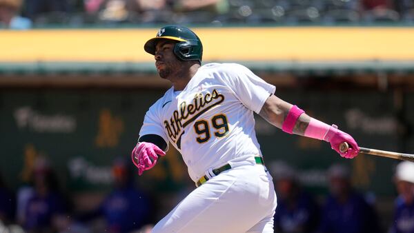 Oakland's Jesus Aguilar during a baseball game against the Texas Rangers in Oakland, Calif., Sunday, May 14, 2023. (AP Photo/Jeff Chiu)