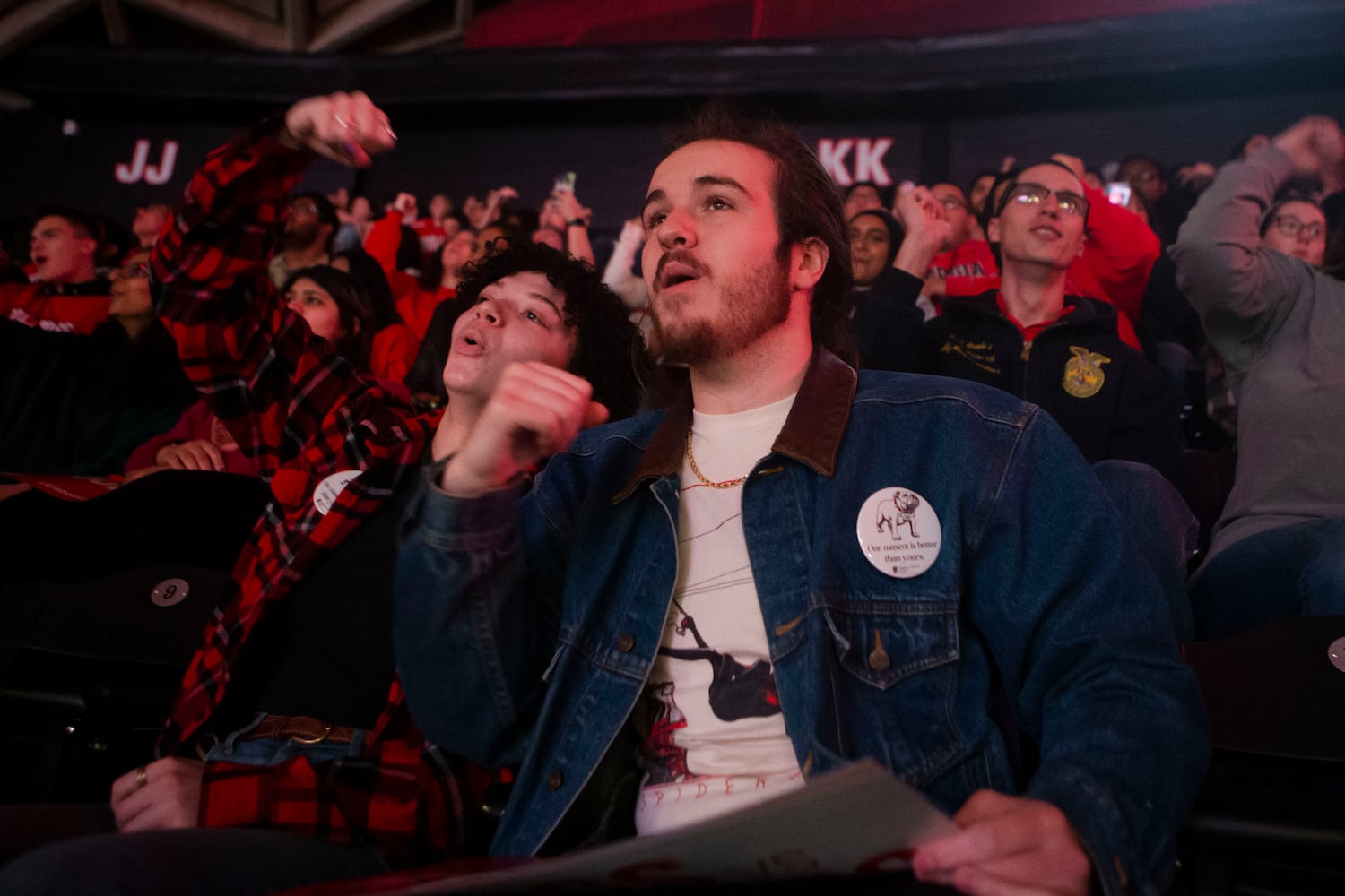 University of Georgia fans watch the College Football Championship on Monday, January 9, 2023, at Stegeman Coliseum in Athens, Georgia. The University of Georgia defeated the Texas Christian University football team 65-7. CHRISTINA MATACOTTA FOR THE ATLANTA JOURNAL-CONSTITUTION.