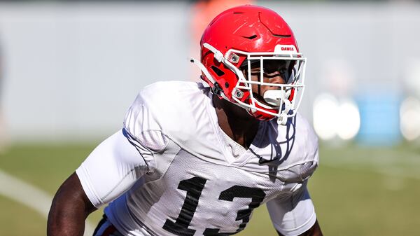 Georgia outside linebacker Azeez Ojulari (13) during the Bulldogs’ practice session Monday, Sept. 21, 2020, in Athens. (Tony Walsh/UGA Sports)