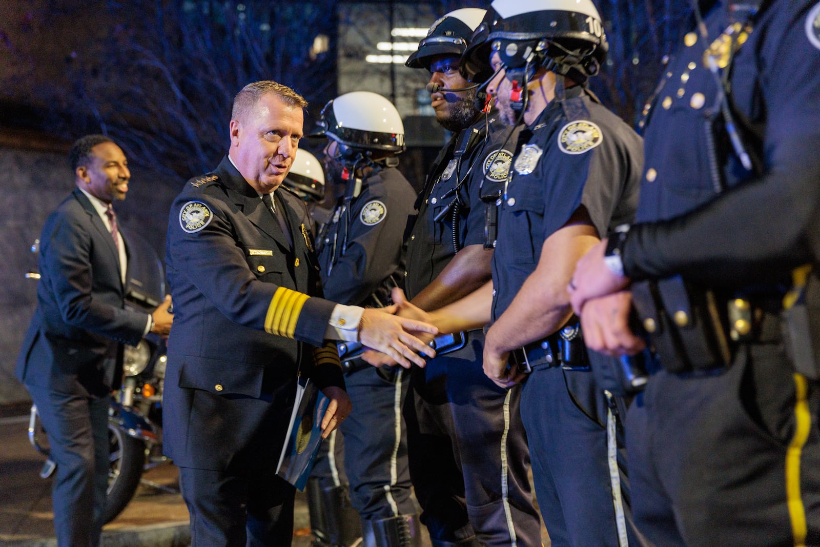 New Atlanta Police Chief Darin Schierbaum greets officers before his swearing-in ceremony at Atlanta City Hall on Wednesday, December 7, 2022. He is the city’s 26th chief of police. (Arvin Temkar / arvin.temkar@ajc.com)