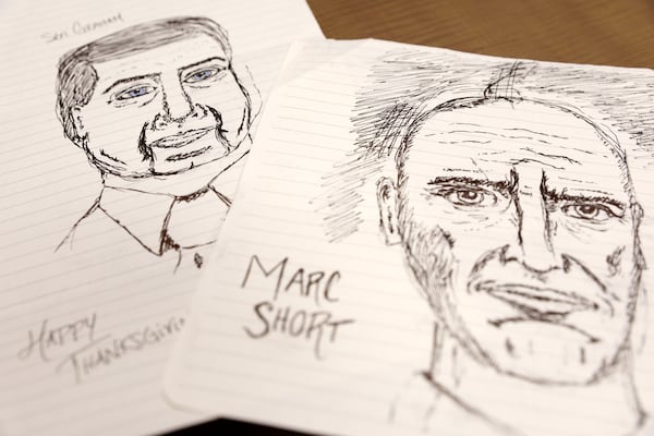 Emily Kohrs, the forewoman of the Fulton County special grand jury that examined interference in Georgia's 2020 elections, enjoyed sketching witnesses as they testified. Here are two she drew of Sen. Lindsey Graham and Pence aide Marc Short. (miguel.martinezjimenez@ajc.com)