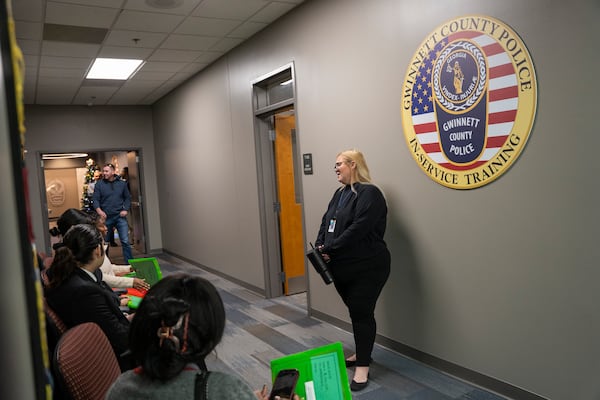 Job applicants wait to take their exams at the Gwinnett County Police Training Center on Saturday, Dec. 7, 2024 (Olivia Bowdoin for the AJC).