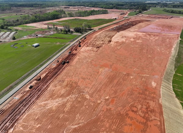 Aerial photograph shows the 2,000-acre Rivian factory site in southern Walton and Morgan counties on March 30, 2023, in Social Circle, Georgia. (Hyosub Shin/The Atlanta Journal-Constitution/TNS)