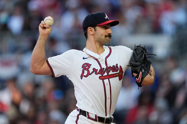 FILE - Atlanta Braves pitcher Spencer Strider (99) delivers in the first inning of baseball game against the Arizona Diamondbacks Friday, April 5, 2024, in Atlanta. Braves star outfielder Ronald Acuña Jr. and pitcher Spencer Strider are not expected to recover from injuries in time for Atlanta’s season opener at San Diego on March 27, 2025.(AP Photo/John Bazemore, File)