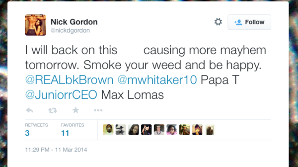 This is a screen shot of Nick Gordon's tweet from last March with a word redacted.