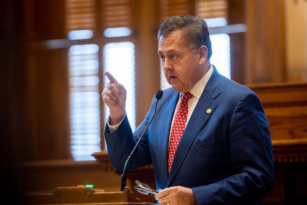 State Senate Majority Leader Steve Gooch, R-Dahlonega, speaks regarding Senate Resolution 543, which would support increased protections for America’s borders, at the Senate in the Capitol in Atlanta on Monday, February 12, 2024. Gooch is the sponsor of the resolution. (Arvin Temkar / arvin.temkar@ajc.com)