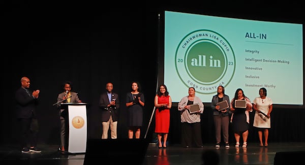 Cobb Chairwoman Lisa Cupid presents awards of recognition during the Cobb State of the County address on Thursday, May 4, 2023, at the Jennie T. Anderson Theatre in Marietta, Georgia. Cupid and other members of the Cobb government spoke to attendees at the event.  CHRISTINA MATACOTTA FOR THE ATLANTA JOURNAL-CONSTITUTION.