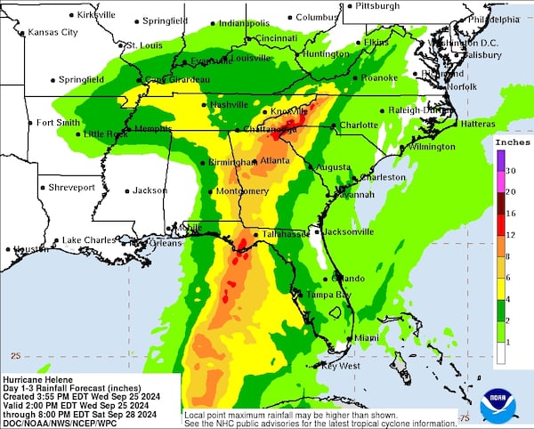 This National Hurricane Center map, posted Wednesday evening, shows the forecasted rainfall expected to hit Georgia in the coming days. Screenshot