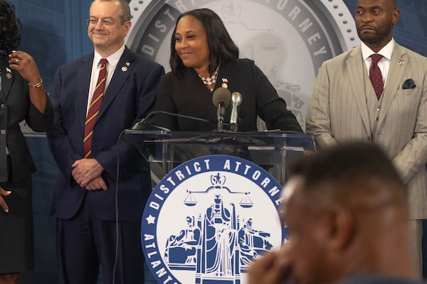 Atlanta DA Fani Willis answers questions for the press after the indictment of former President Trump and 18 others at Fulton County Courthouse on Monday, August 14, 2023 in Atlanta. (Michael Blackshire/Michael.blackshire@ajc.com)