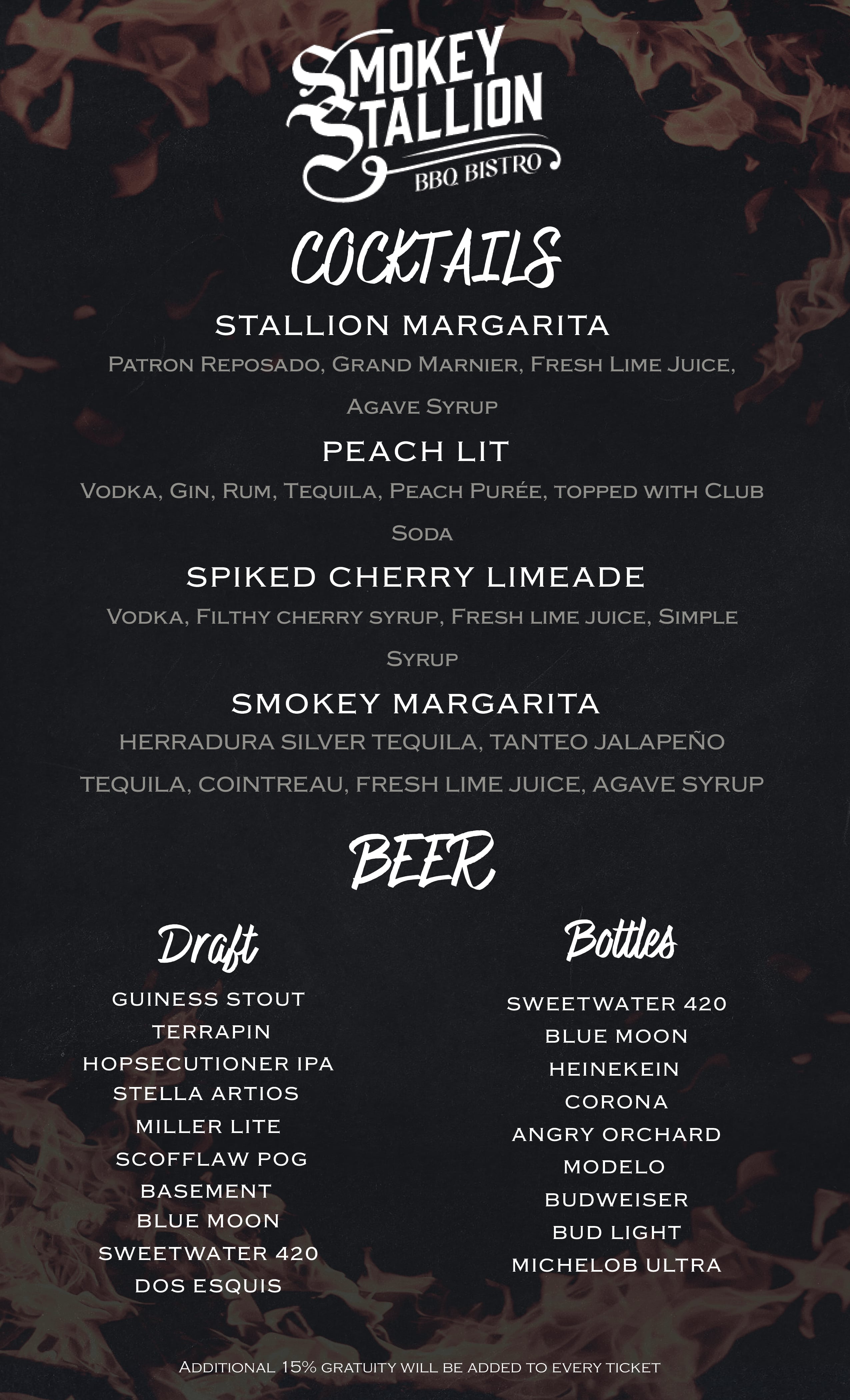 The menu from Smokey Stallion.