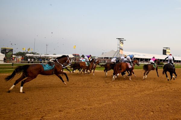 Bodexpress #9 takes off after losing Jockey John Velazquez during the start of the 144th Running of the Preakness Stakes at Pimlico Race Course on May 18, 2019 in Baltimore, Maryland. (Photo by Will Newton/Getty Images)