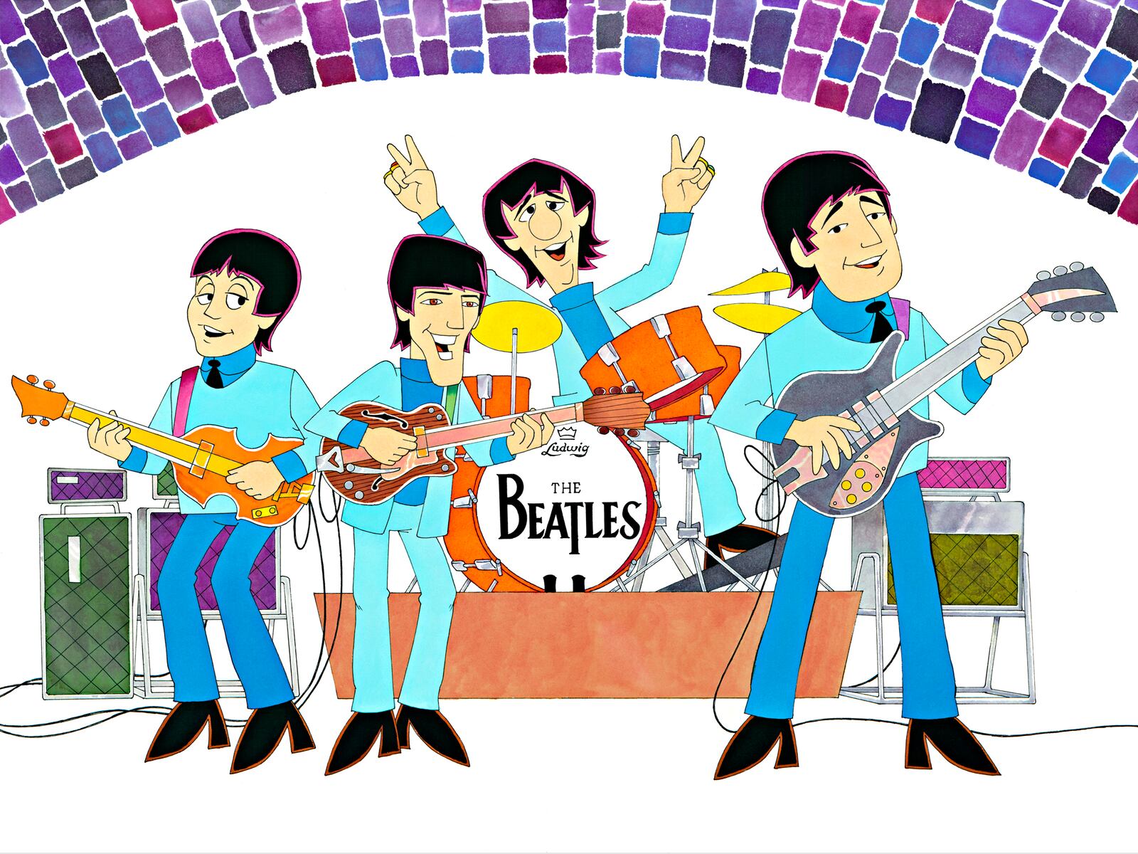 Artist Ron Campbell depicts The Beatles at the Cavern Club.