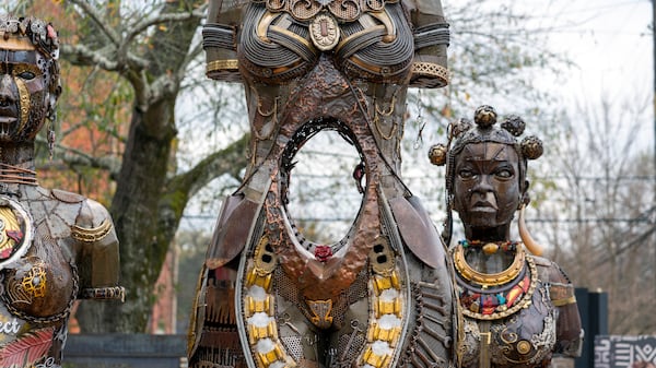 Visual artist Michelle L. Browder (with Deborah Shedrick and a team of artists), rendered this trio of sculptures honoring the "Mothers of Gynecology." The three women, Betsey, Anarcha and Lucy were early subjects of Dr. J. Marion Sims, the antebellum physician who used the enslaved Black women to experiment with gynecological surgical techniques. The empty space in Anarcha's midsection represents her damaged womb. © Michelle L. Browder