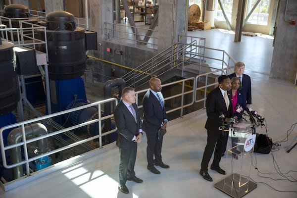 Atlanta Mayor Andre Dickens joins Cabinet members inside the Shirley C. Franklin Pumping Station on Tuesday, March 18, 2025, to give an update on the city's water infrastructure. (Riley Bunch/AJC)