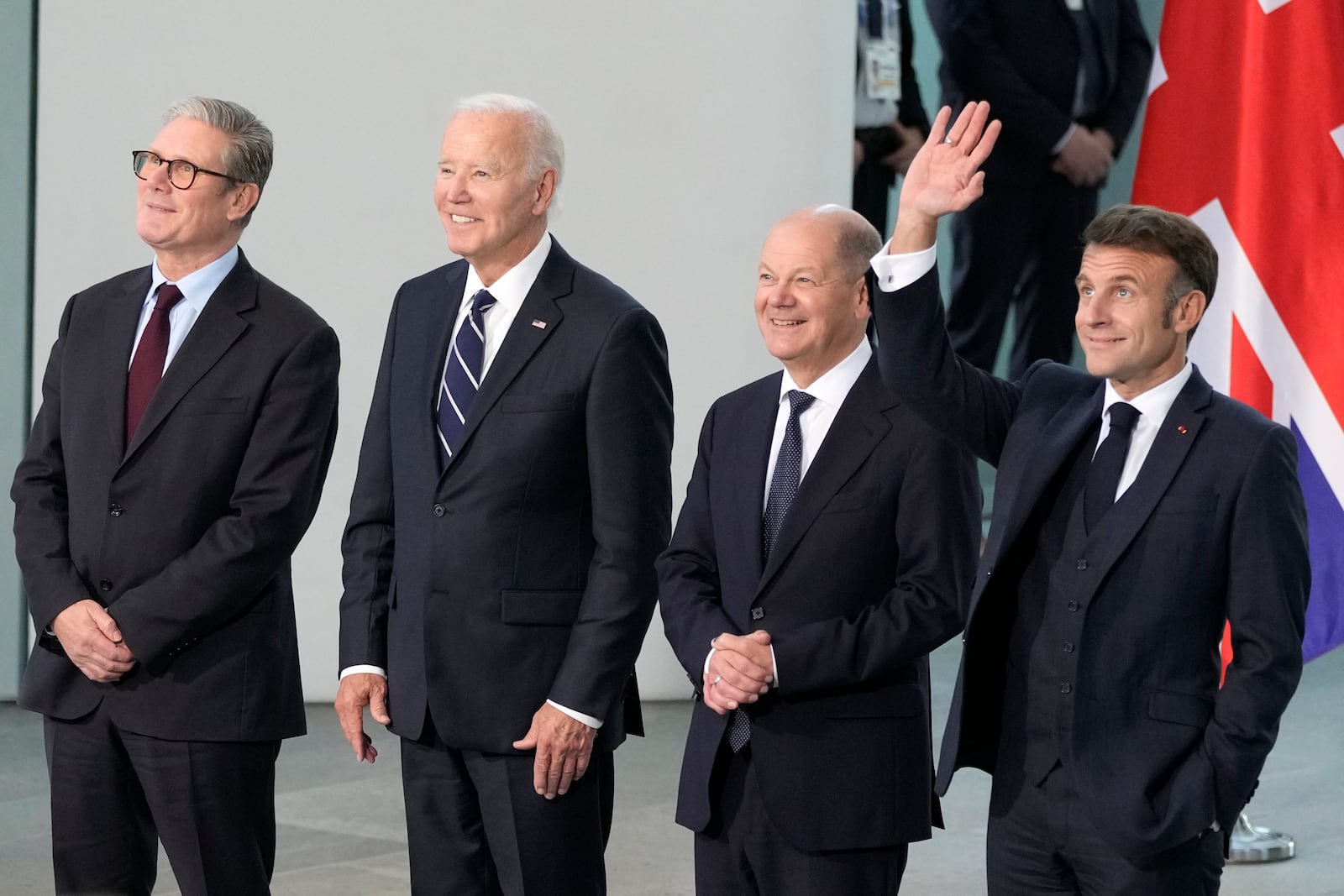 President Joe Biden, 2nd left, Chancellor Olaf Scholz of Germany, 2nd right, President Emmanuel Macron of France, right, and Prime Minister Keir Starmer of the United Kingdom, pose for a family photo as they meet at the Chancellery in Berlin, Germany, Friday, Oct. 18, 2024. (AP Photo/Ben Curtis)