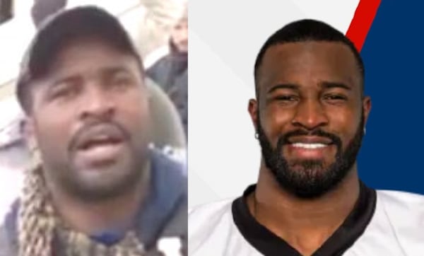 A side-by-side comparison of a photo taken during the Jan. 6, 2021, U.S. Capitol riot (left) and a photo of former pro football player Leander Antwione Williams (right) from an FBI affidavit filed in U.S. District Court in Washington.