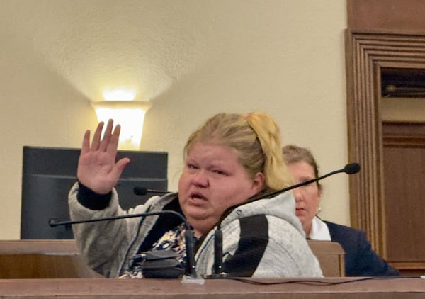 Shelly Deanna Rooks, 28, on the witness stand last week in Peach County Superior Court at the murder trial of Christopher Scott Palmer. She and Palmer were the parents of Cody Palmer, a 9-month-old boy who died after police were called to his family's RV outside a Buc-ee's in Middle Georgia in January 2022. (Joe Kovac Jr. / AJC)