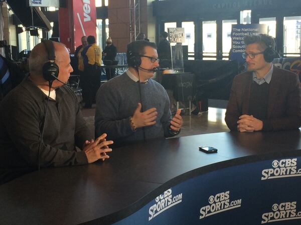 Falcons general manager Thomas Dimitroff doing an interview with Jason La Canfora of CBS Sports at the scouting combine. (By D. Orlando Ledbetter/dledbetter@ajc.com)