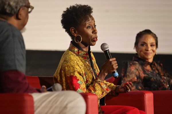 Dancer/actress Kyme speaks during a panel discussion for UATL’s quarterly movie night featuring a viewing of “School Daze” at The Plaza Theatre on Tuesday, Sept. 24, 2024. (Natrice Miller/ AJC)