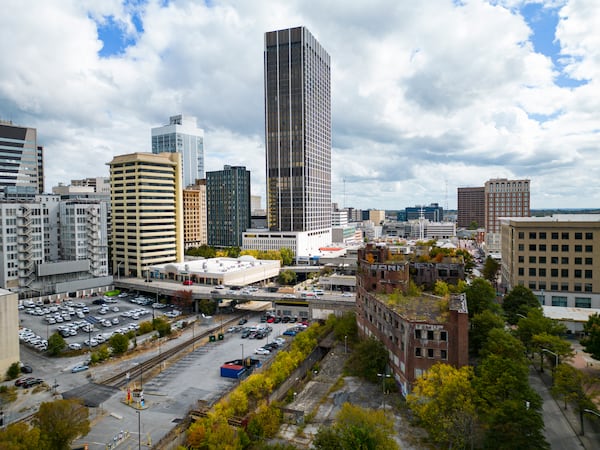 The former Atlanta Constitution building, in the lower right of this photo, has been vacant for decades. Trees grow out of its roof and it has attracted vagrants and graffiti artists. But it is one of the few examples of Art Moderne architecture in Georgia. Photos: the Georgia Trust