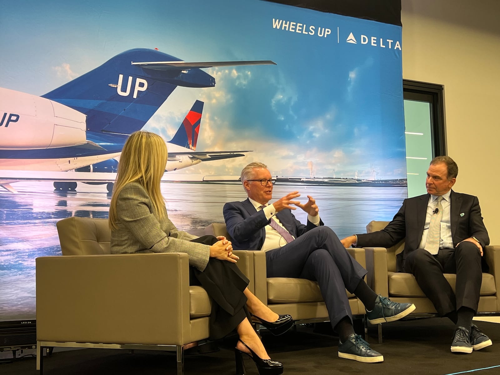 Wheels Up held a town hall at its offices near DeKalb-Peachtree Airport with Delta CEO Ed Bastian, center, and Wheels Up CEO George Mattson, right, on Thursday, November 7, 2024.