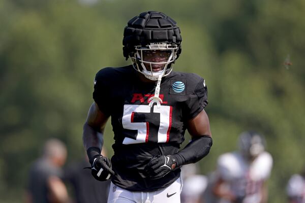 080522 Flowery Branch, Ga.: Atlanta Falcons linebacker DeAngelo Malone (51) during training camp at the Falcons Practice Facility, Friday, August 5, 2022, in Flowery Branch, Ga. (Jason Getz / Jason.Getz@ajc.com)