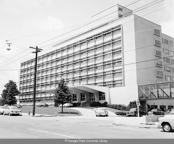 A photograph shows the Georgia Baptist Hospital in Atlanta in the 1950s. The health care facility was renamed the Atlanta Medical Center in 1997.