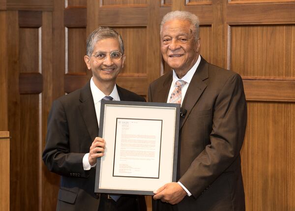 Marion Hood (right) received an apology from Emory School of Medicine Dean Vikas P. Sukhatme, for his 1959 admission rejection because he was Black.