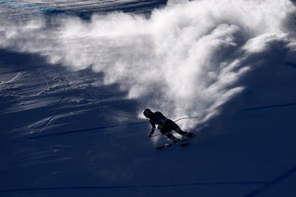 Forerunner Lindsey Vonn skis during a women's World Cup downhill training run, Thursday, Dec. 12, 2024, in Beaver Creek. (AP Photo/John Locher)