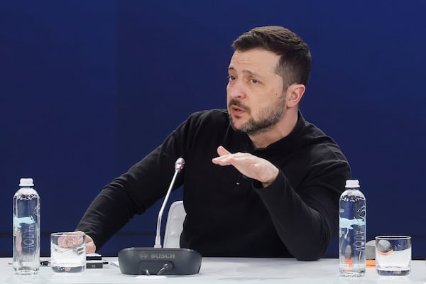 Ukrainian President Volodymyr Zelenskiy attends a press conference after the "Support Ukraine" summit, marking the third anniversary of the Russian invasion, in Kyiv, Ukraine, Feb. 24, 2025. (Gleb Garanich/Pool Photo via AP)